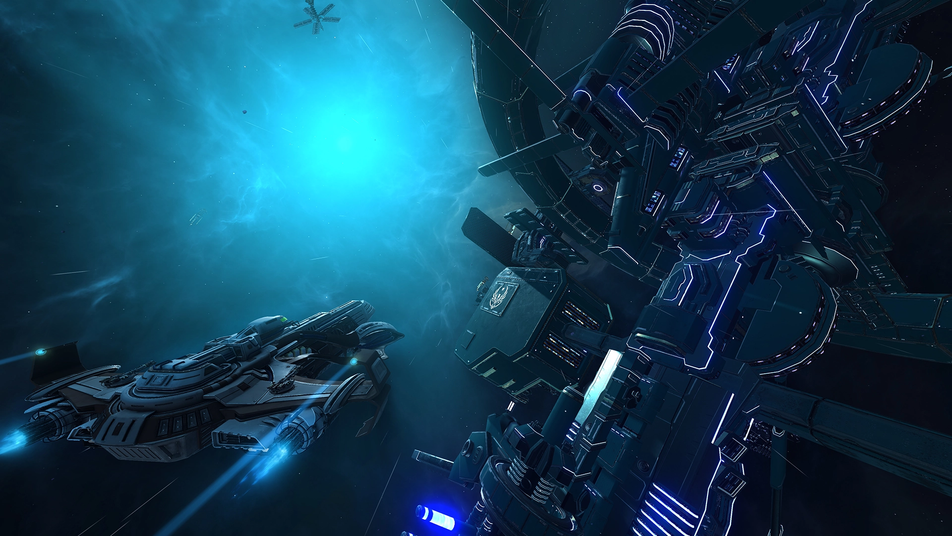 An asteroid field above the blue atmosphere of a planet in Farlane
