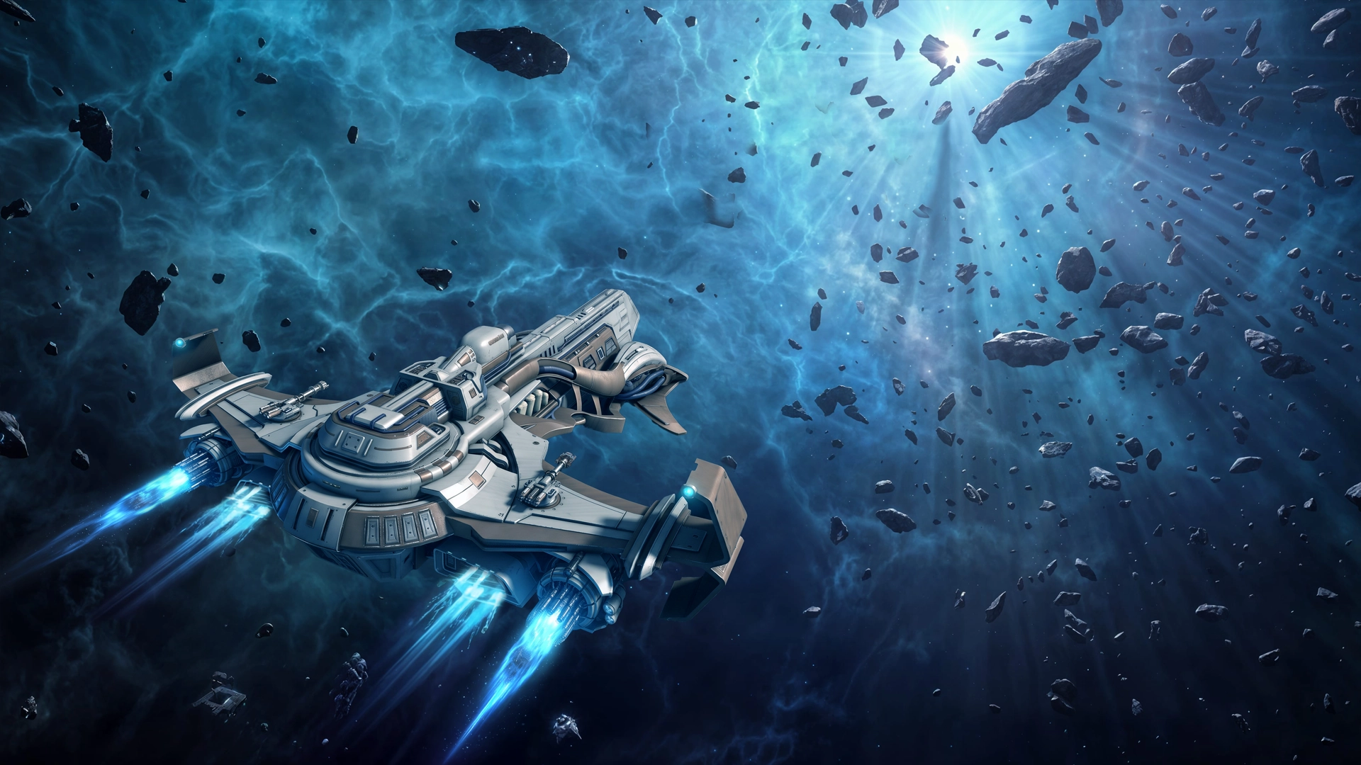 A frontier ship travelling through the deep space of FARLANE