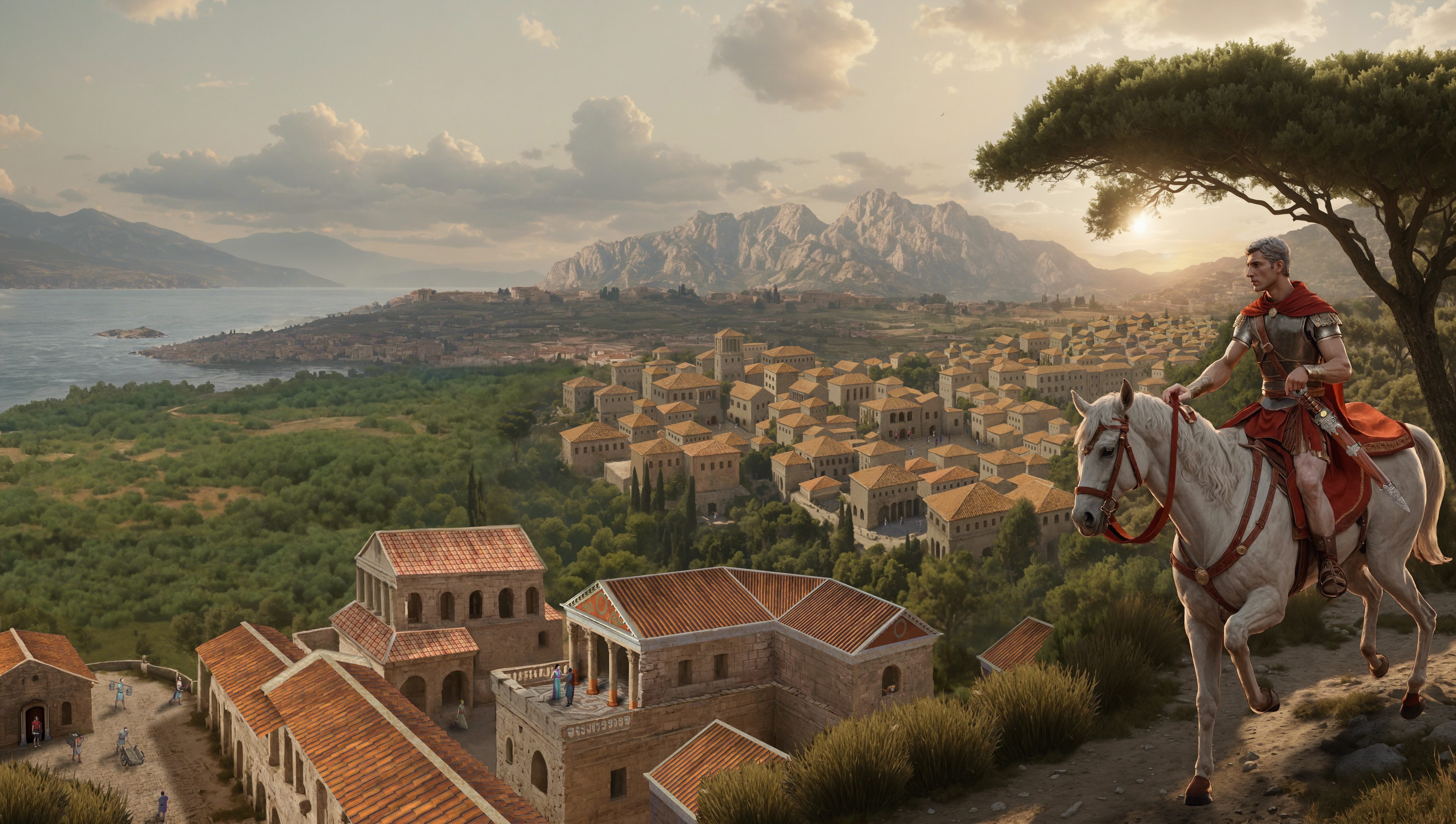 Roman rider overlooking a coastal city in Pompeii: The Legacy