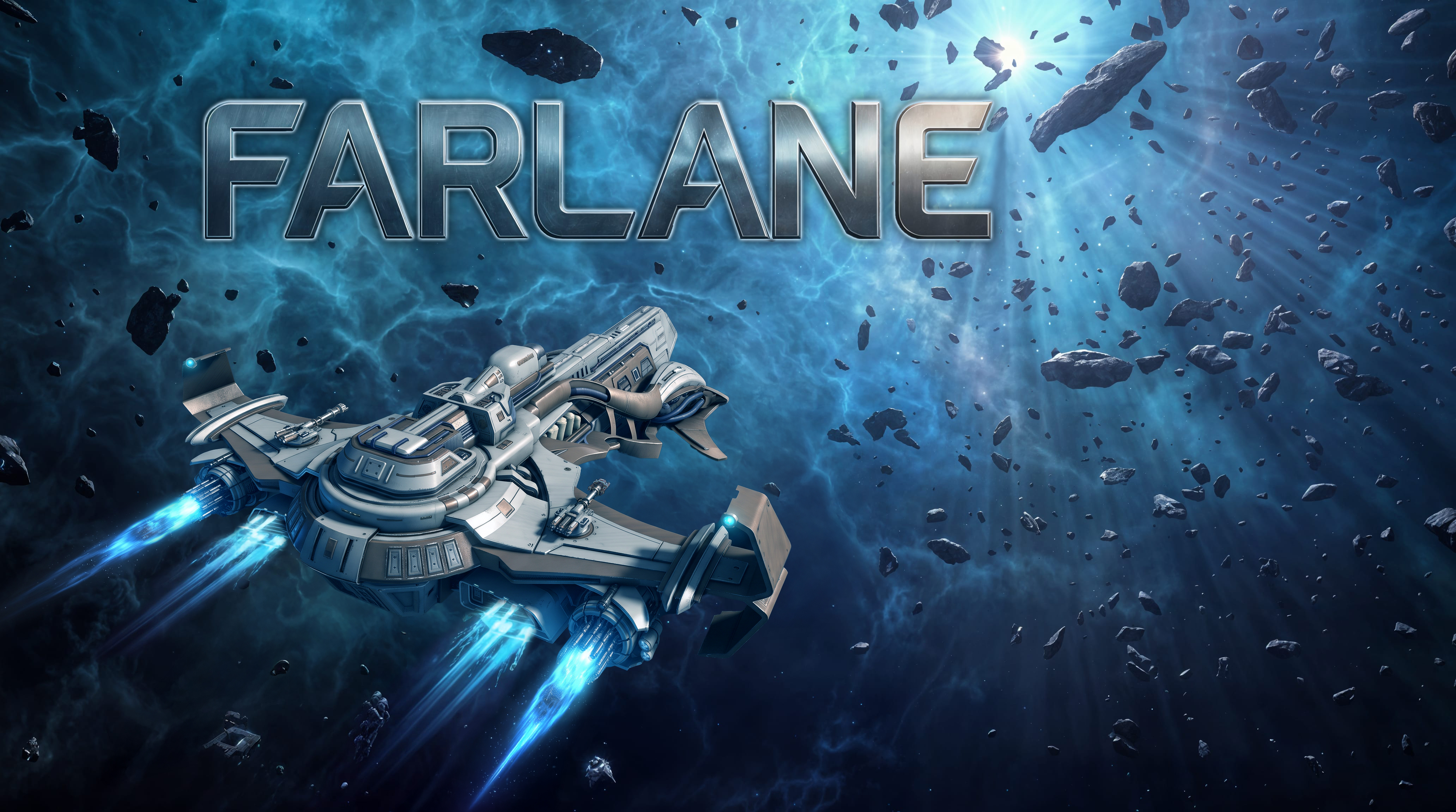 Farlane key art showing a frontier ship travelling through an asteroid field